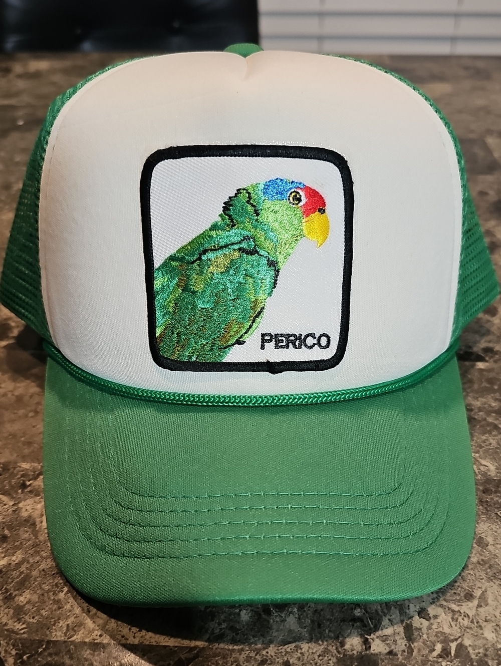 Green and White Parrot Mesh Trucker Hat